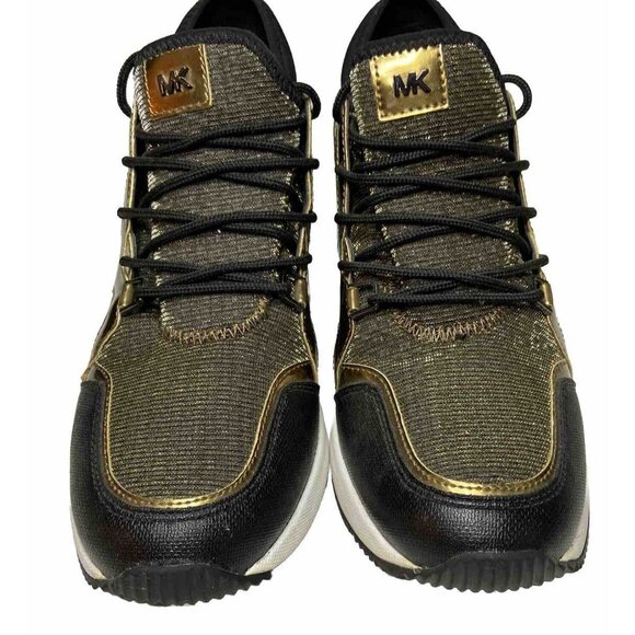 MK Logo Michael Kors 7.5 Wedge Heel Trainer Sneakers Black & Bronze Shoes - Picture 4 of 8